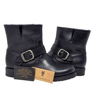 Frye Veronica Black Leather Shearling Lined Moto Buckle Boots Women US 5.5